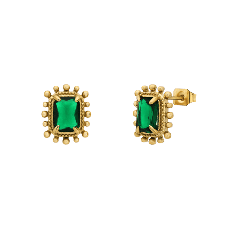 Stainless steel goldplated oorknoppen vintage vierkant groen voor dames