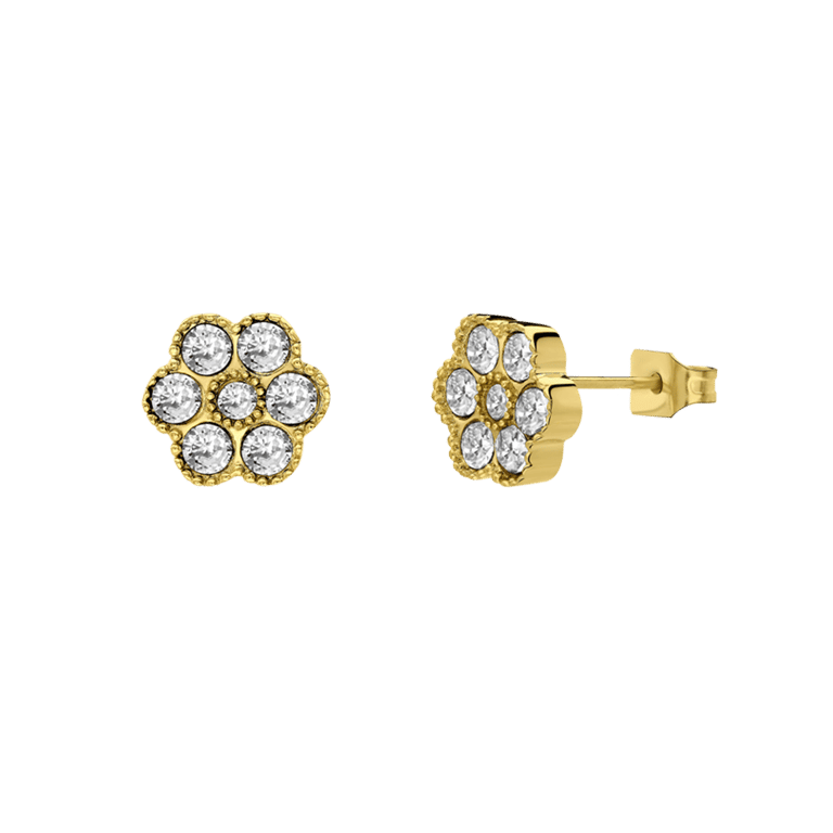 Stainless steel goldplated oorknoppen bloem met zirkonia voor dames