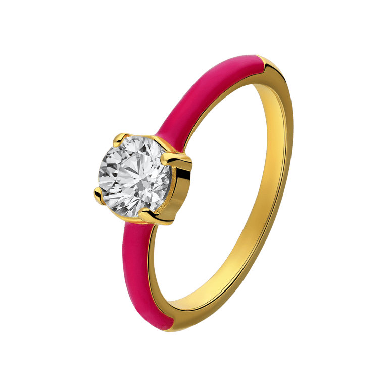 Stalen goldplated ring met fuchsia en zirkonia