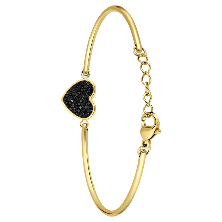 Stalen goldplated fantasiearmband met hanger hart met zwart kristal voor dames