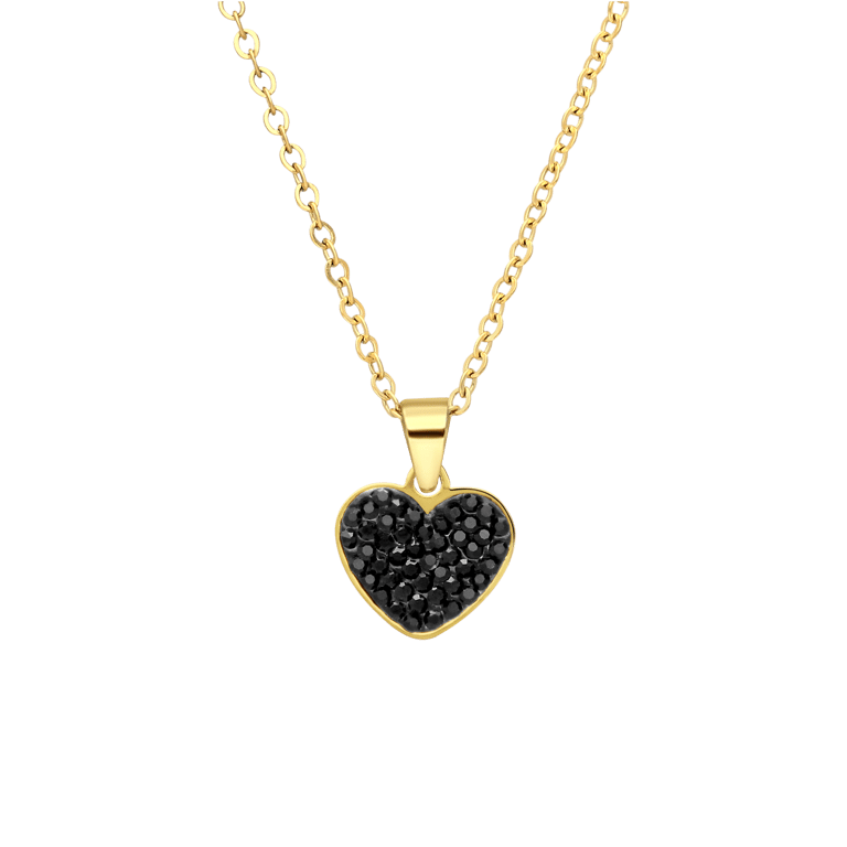 Stalen goldplated ketting met hanger hart met zwart kristal voor dames