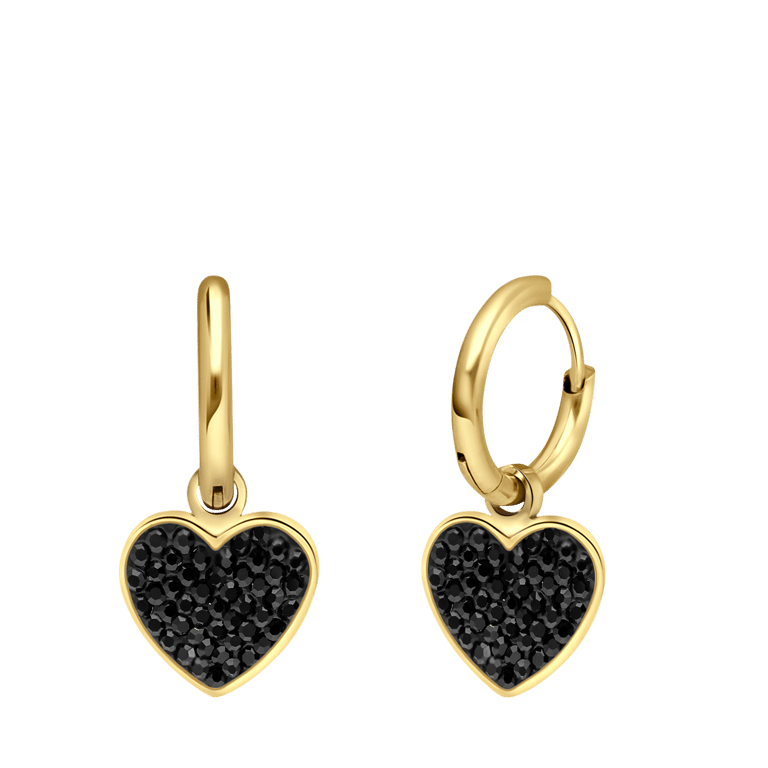 Stainless steel goldplated oorringen met hanger hart met zwart kristal voor dames