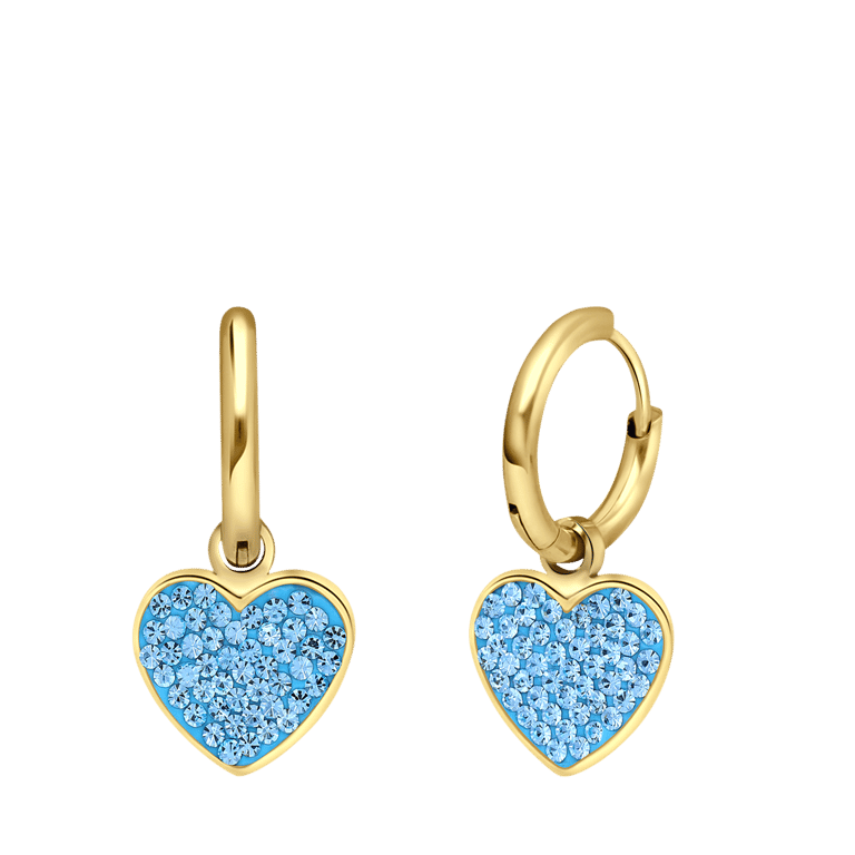 LivLiv stainless steel goldplated oorringen hart met kristal aqua voor dames