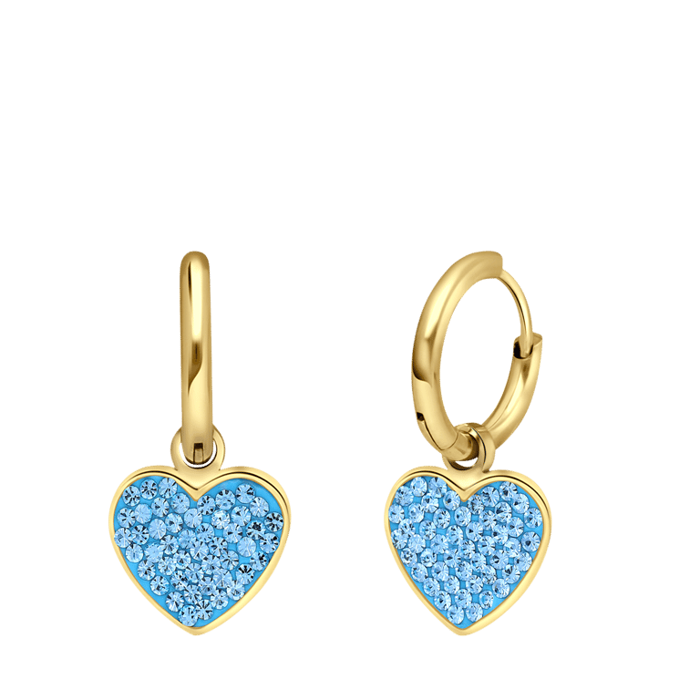 Stalen goldplated oorringen hart met kristal aqua