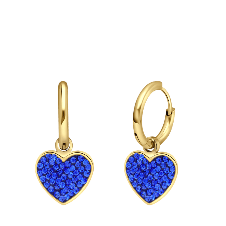 Stalen goldplated oorringen met hanger hart met blauw kristal voor dames