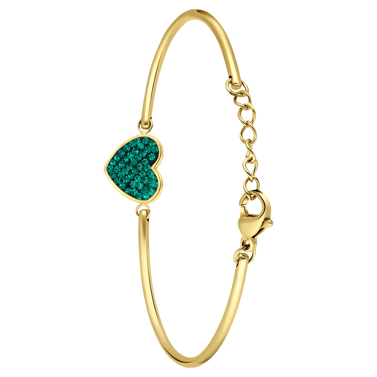 Armband aus Edelstahl, vergoldet, Herz mit Kristall, Smaragdgrün