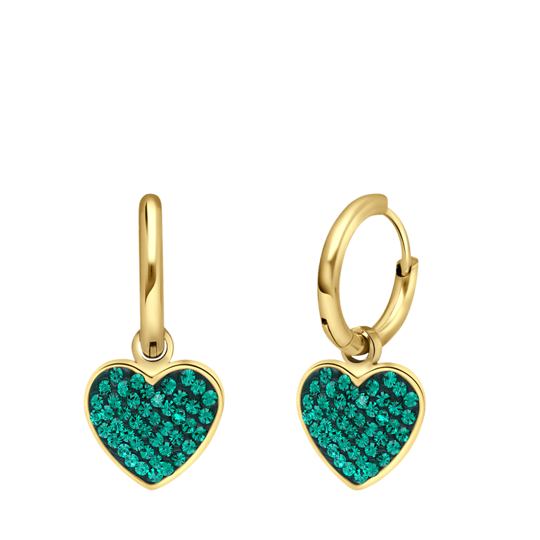 Stalen goldplated oorbellen hart kristal emerald