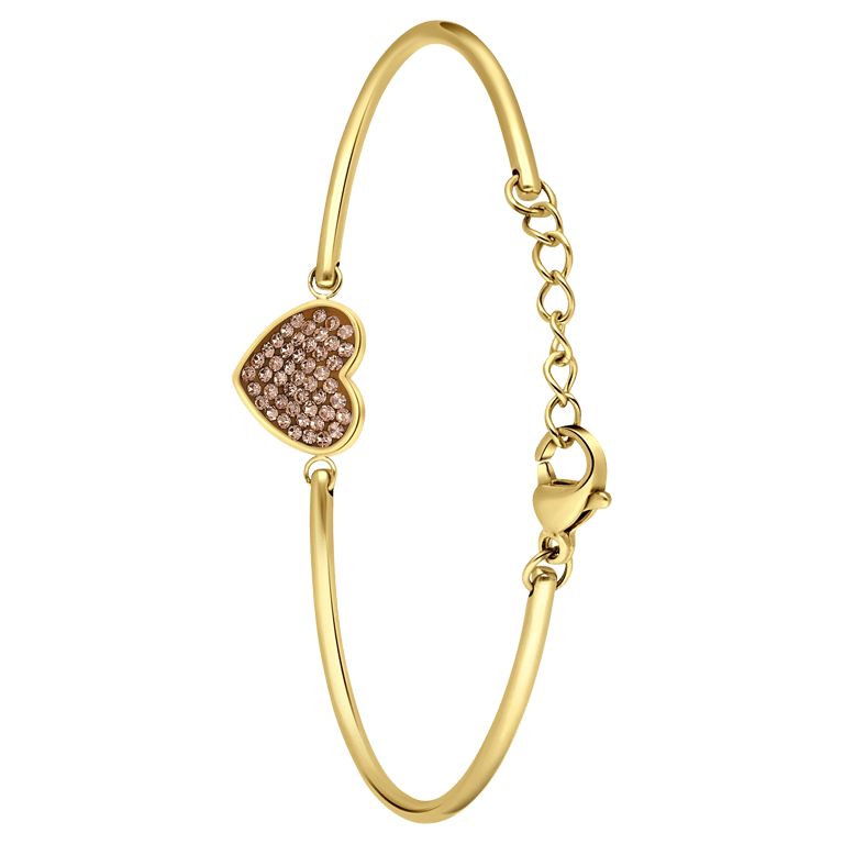 Armband aus Edelstahl, vergoldet, Herz mit Kristall, Rauchquarz