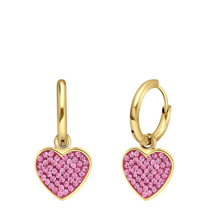 Stalen goldplated oorbellen hart met kristal roze