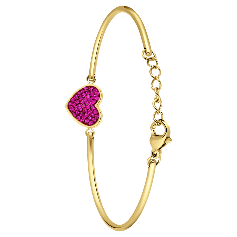 Stainless steel goldplated fantasiearmband met hanger hart met fuchsia kristal voor dames