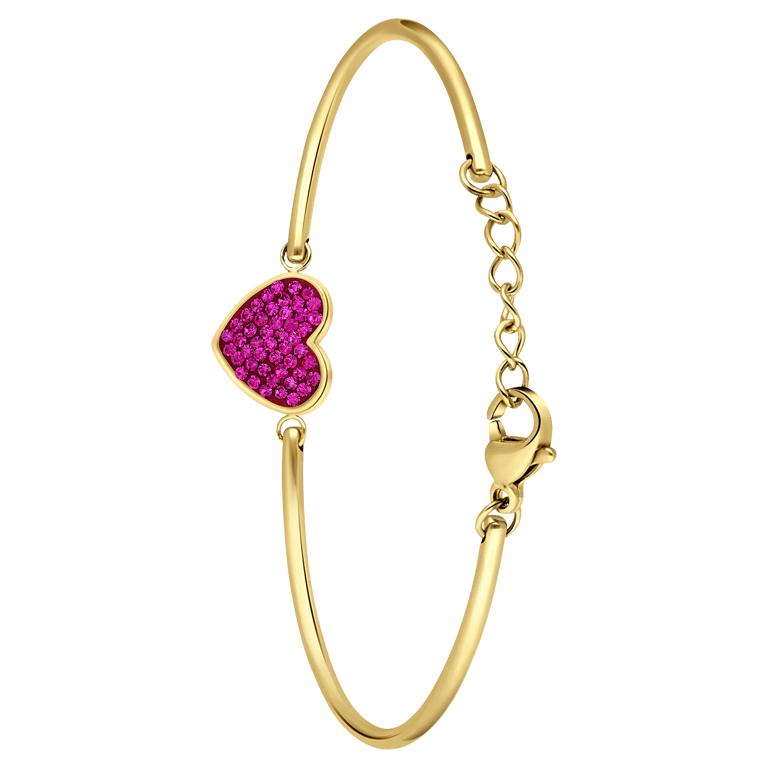 Stalen goldplated armband hart met kristal fuchsia