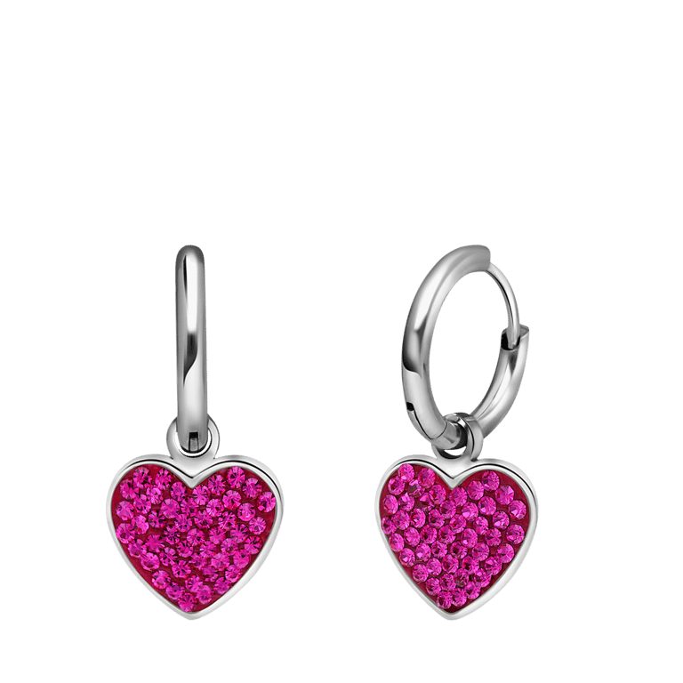 Ohrringe aus Edelstahl, Herz mit Kristall, Fuchsia
