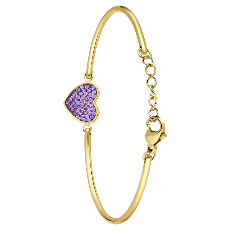 Armband aus Edelstahl, vergoldet, Herz mit Kristall, Violett