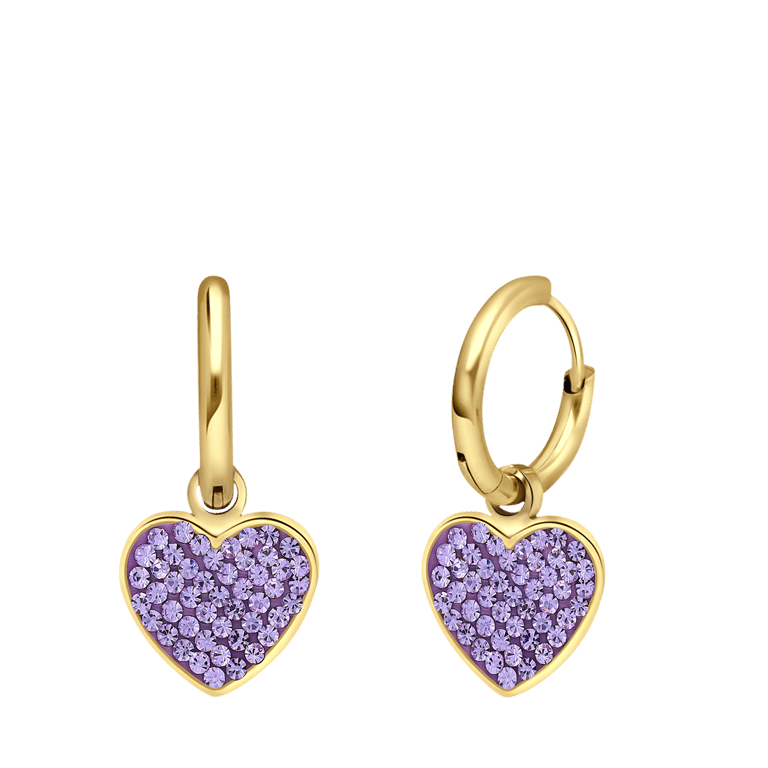 Stalen goldplated oorringen met hanger hart met kristal violet voor dames