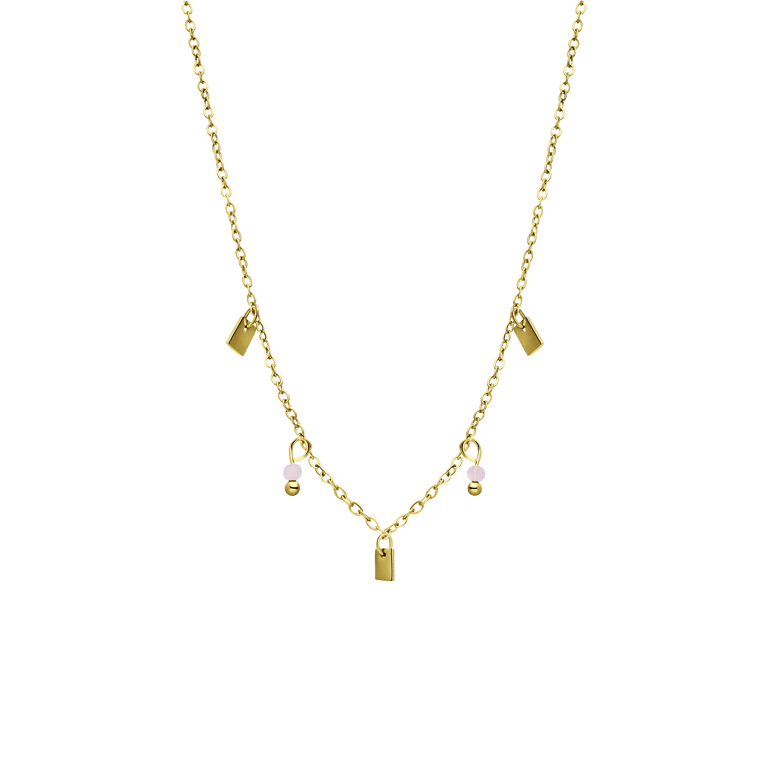 Stalen goldplated ketting met hanger met rozenkwarts voor dames