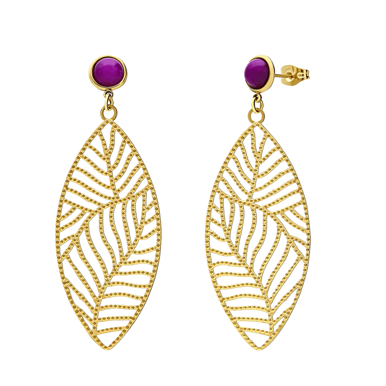 Stainless steel goldplated oorhangers blad paars voor dames