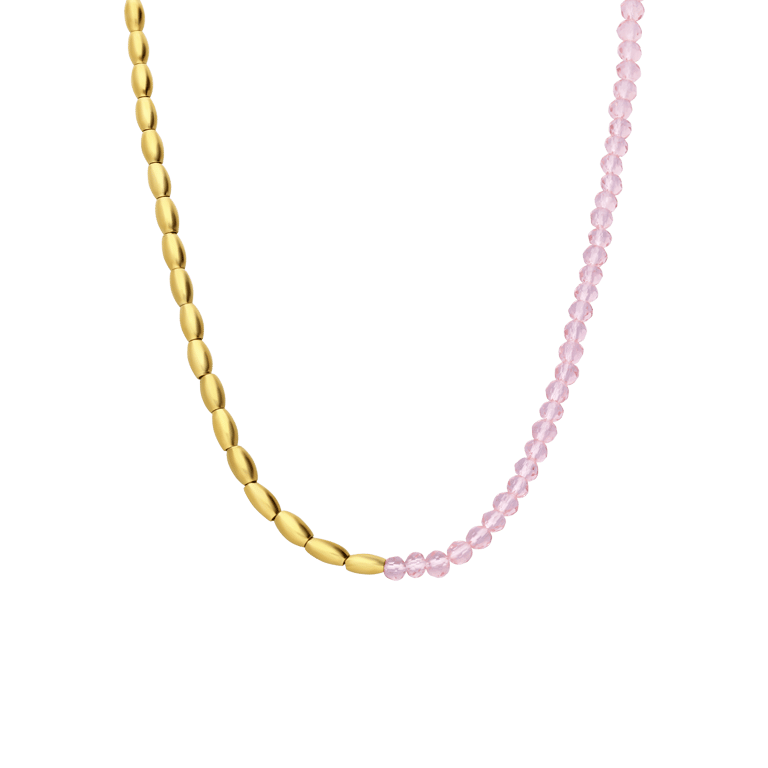 Stalen goldplated ketting met roze kralen