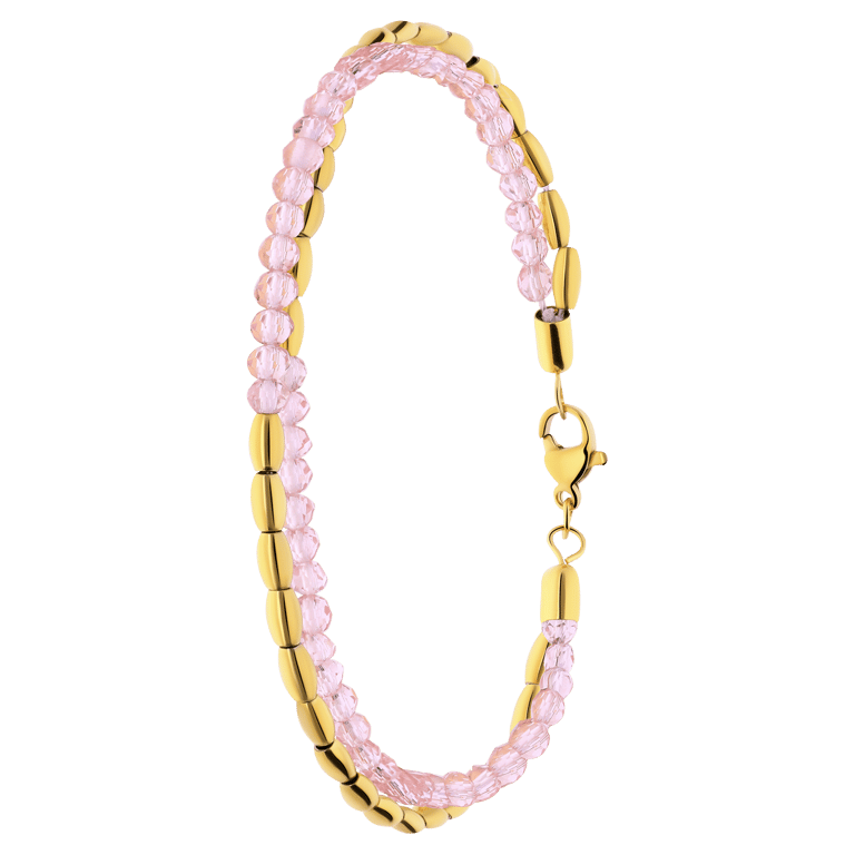 Stalen goldplated armband dubbel bol roze kraal