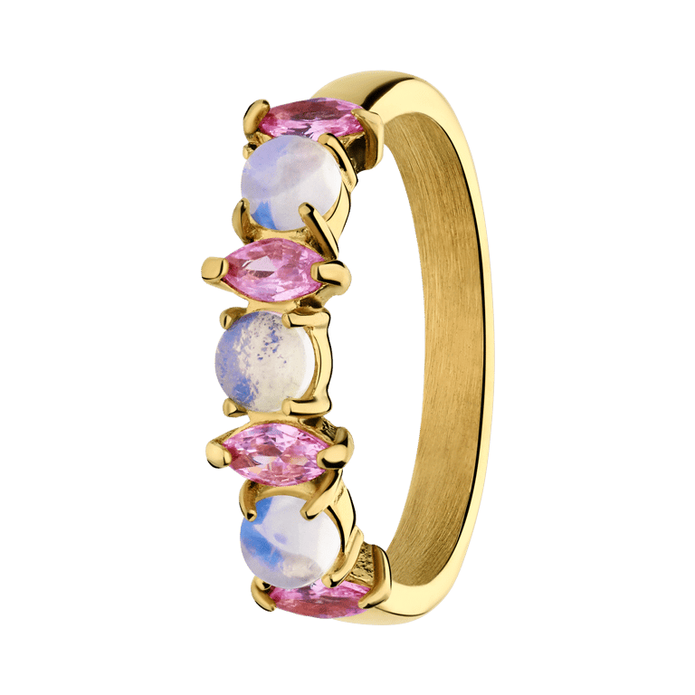 Vintage-Ring aus Edelstahl, vergoldet, mit Opal und rosa Zirkonia