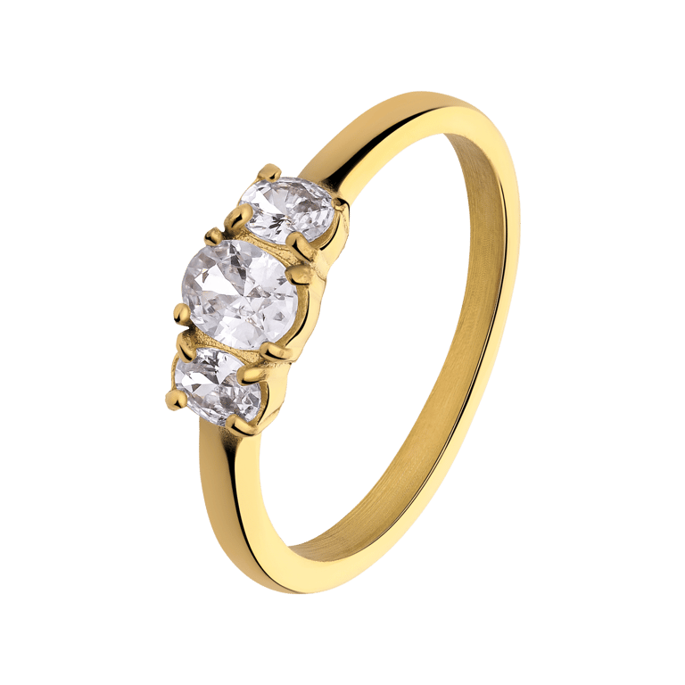Promise Ring: Vintage-Ring aus Edelstahl, vergoldet, mit drei weißen Zirkonia