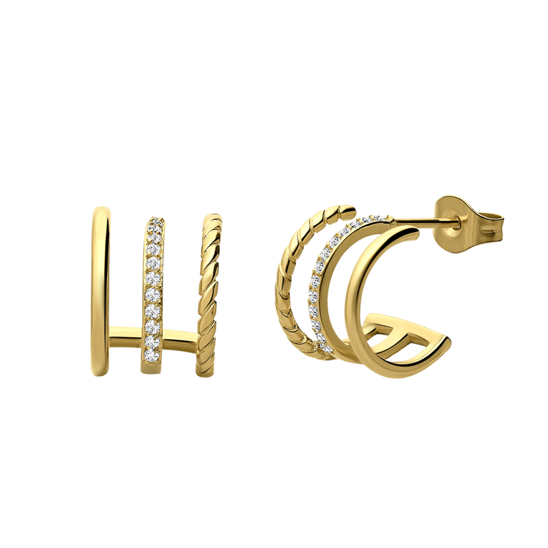Stalen goldplated dubbele oorknoppen met zirkonia voor dames