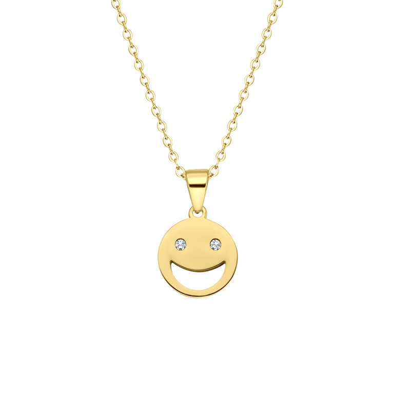 Stalen goldplated ketting smiley met zirkonia