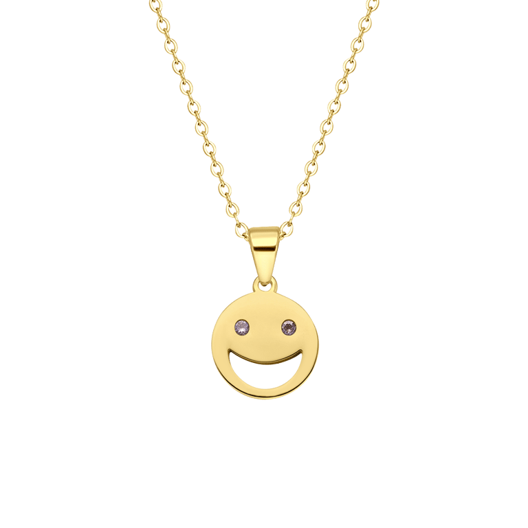 Stalen goldplated ketting smiley met roze zirkonia