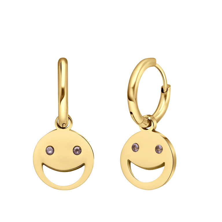 Stalen goldplated oorringen smiley roze zirkonia