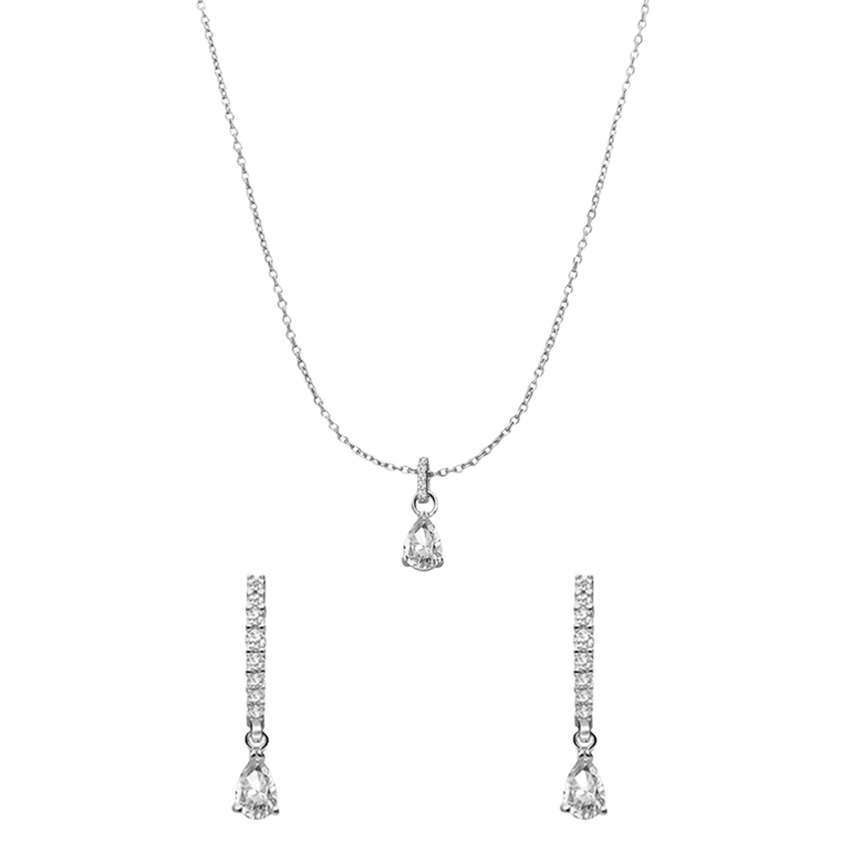 Zilveren set ketting en oorringen druppel zirkonia