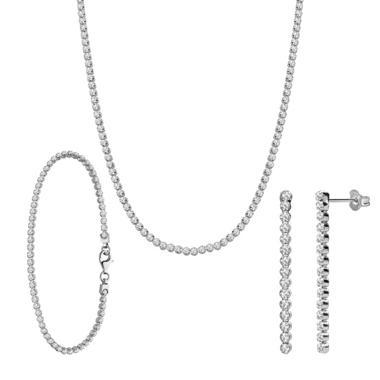 Zilveren set ketting, armabnd een oorknoppen zirkonia