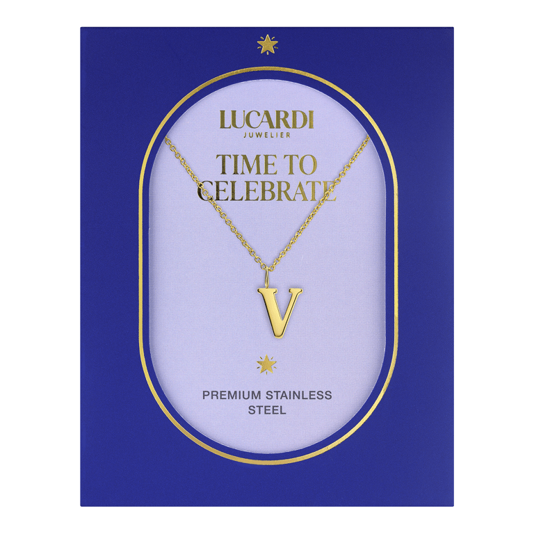Stainless steel goldplated ketting met letterhanger V voor dames
