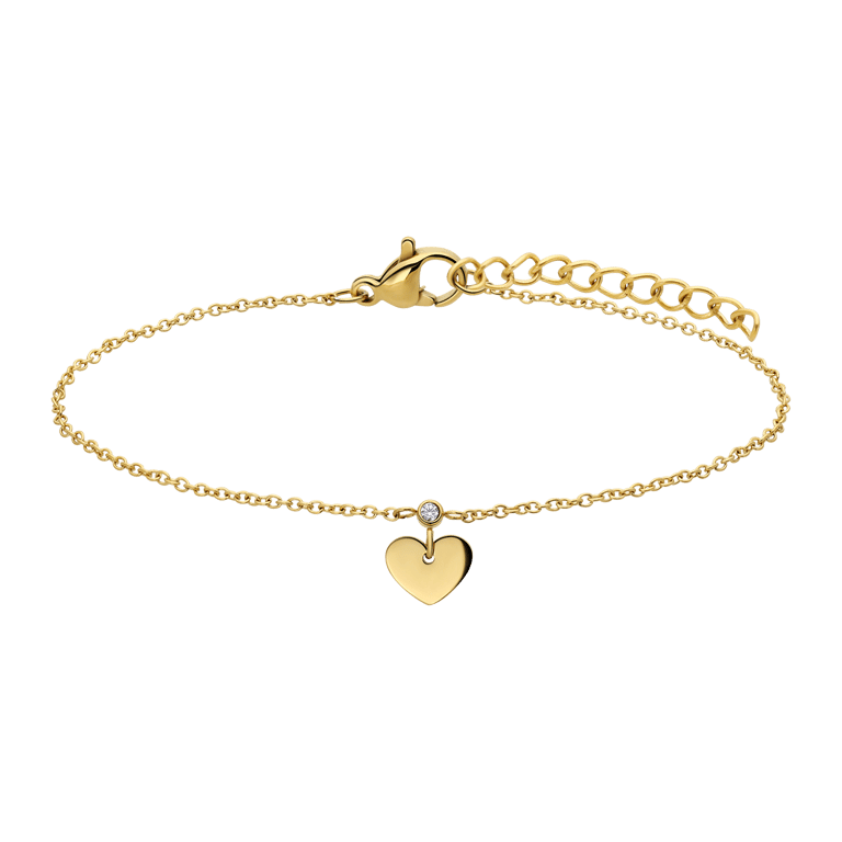 Stalen goldplated bedelarmband met hanger hart met zirkonia voor dames