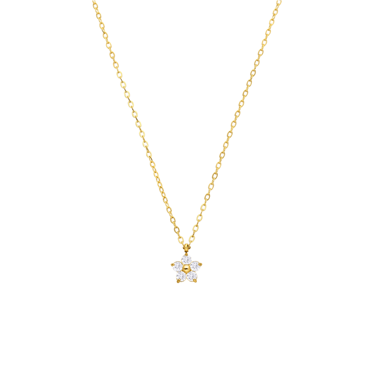 Stalen goldplated ketting bloem met zirkonia wit