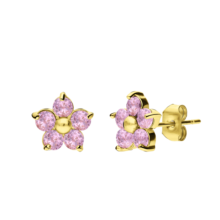 Ohrstecker aus Edelstahl, vergoldet, Blume mit Zirkonia, Hellrosa