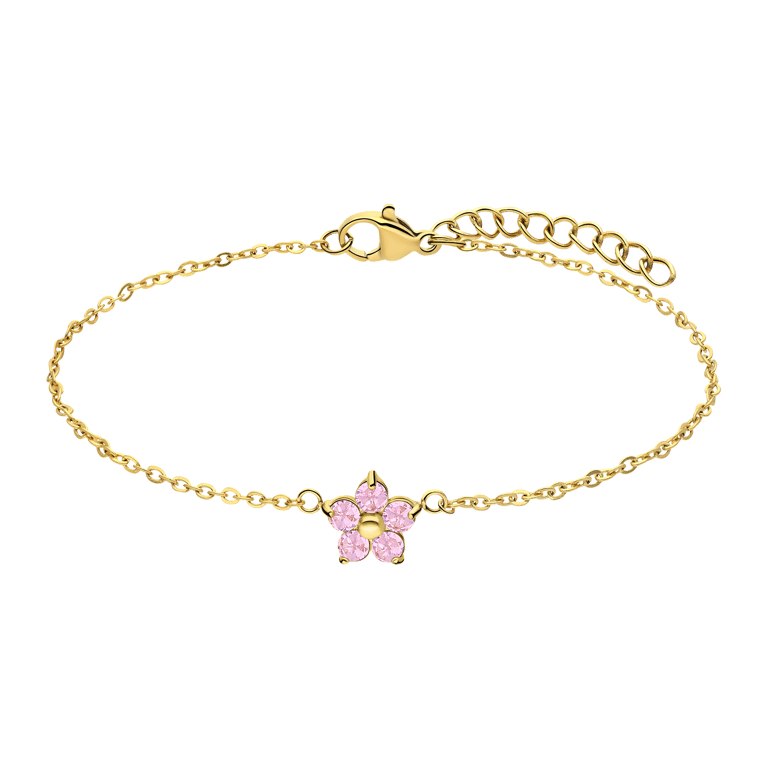 Stalen goldplated armband bloem zirkonia lichtroze