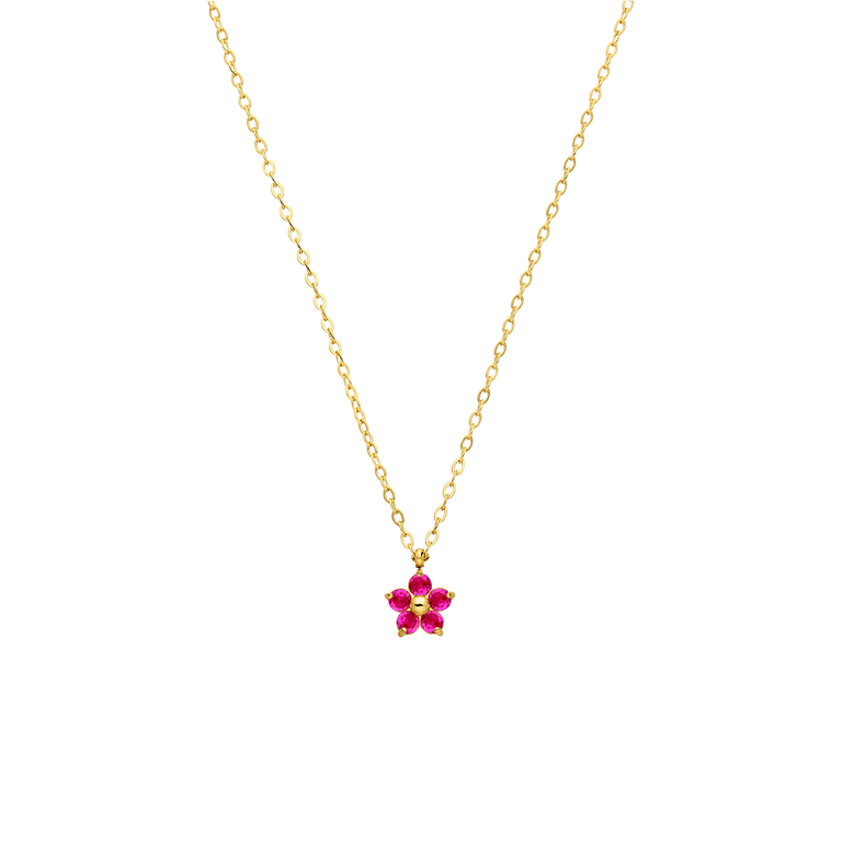 Halskette aus Edelstahl, vergoldet, Blume mit Zirkonia, Dunkelrosa