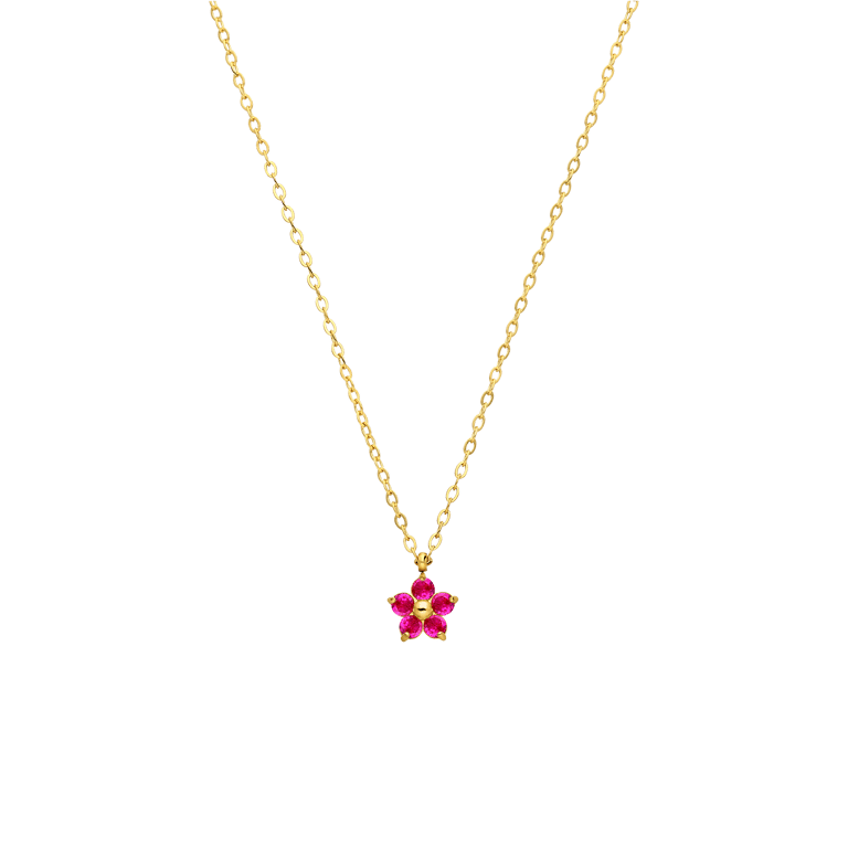 Stalen goldplated ketting bloem zirkonia donkerroze