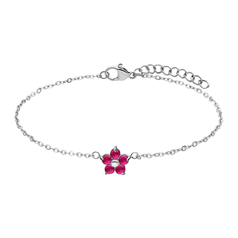 Stalen armband bloem met zirkonia donkerroze