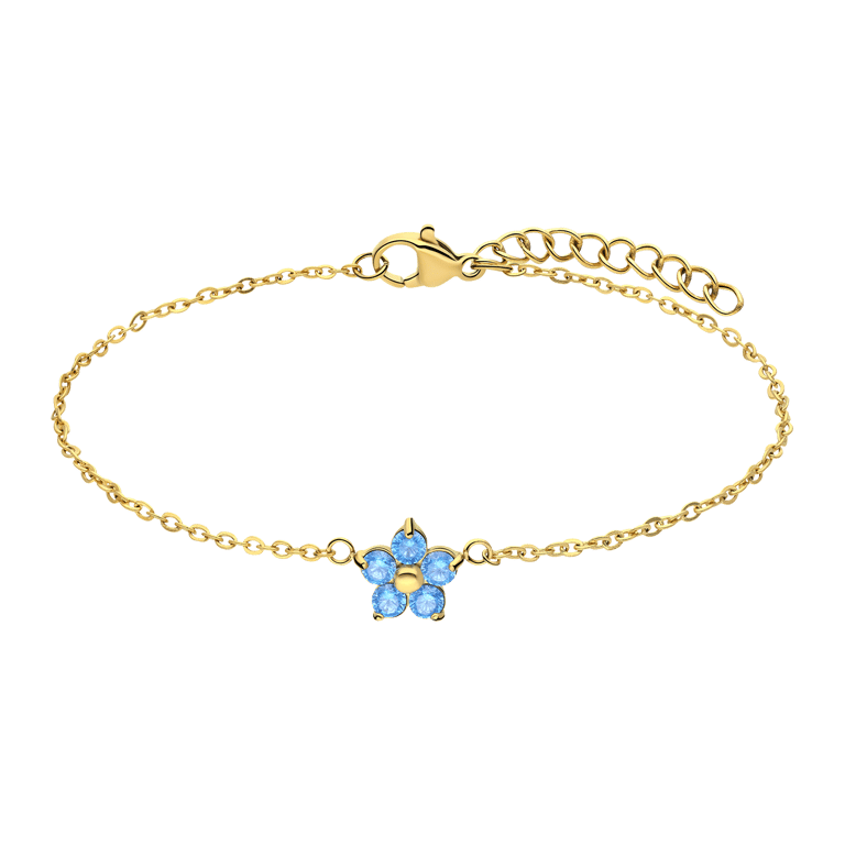 Stalen goldplated armband bloem met zirkonia aqua