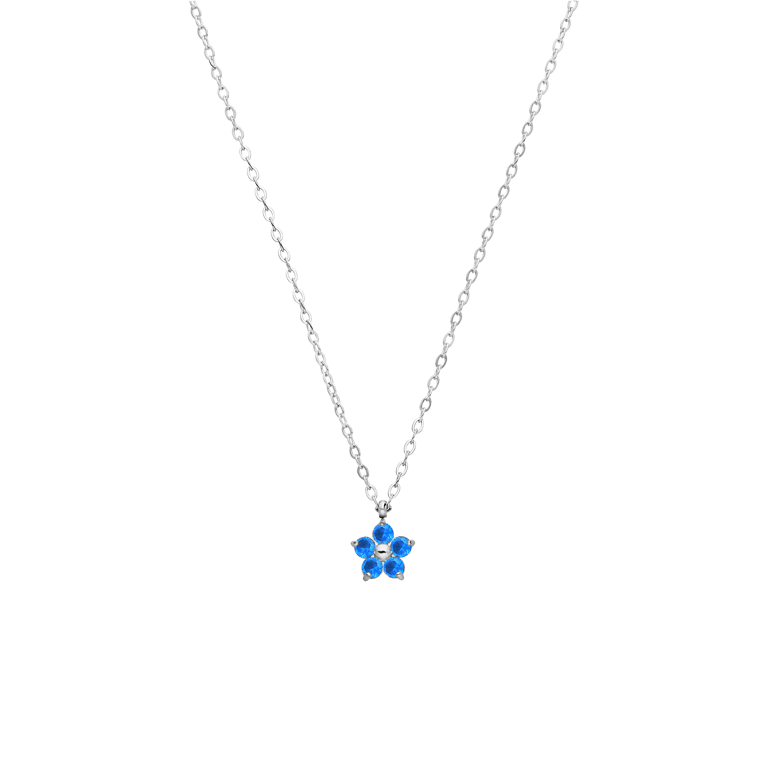 Halskette aus Edelstahl, Blume mit Zirkonia, blauer Topas