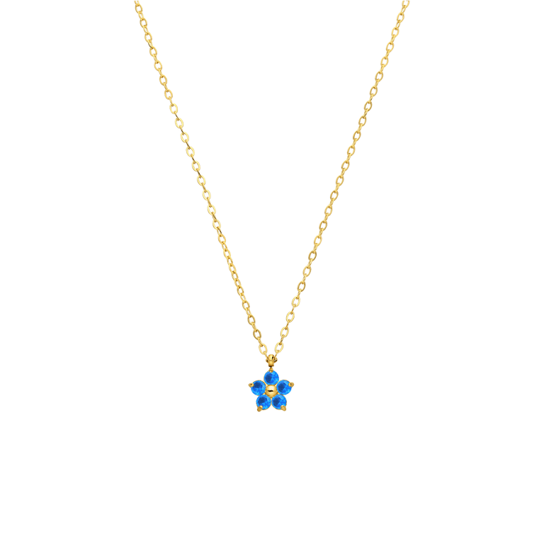 Stalen goldplated ketting bloem met zirkonia blue topaz