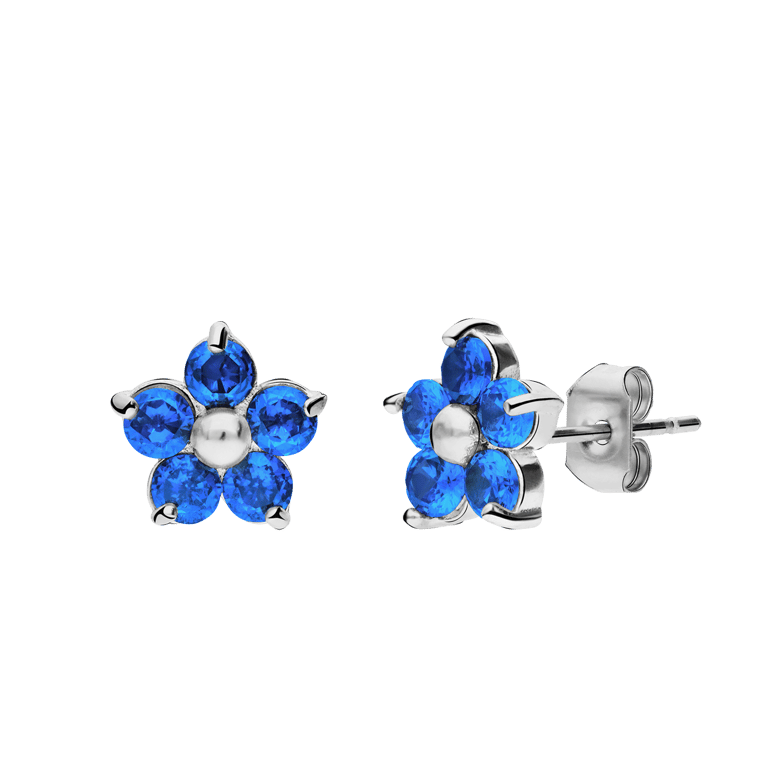 Stalen oorknoppen bloem met zirkonia blue topaz