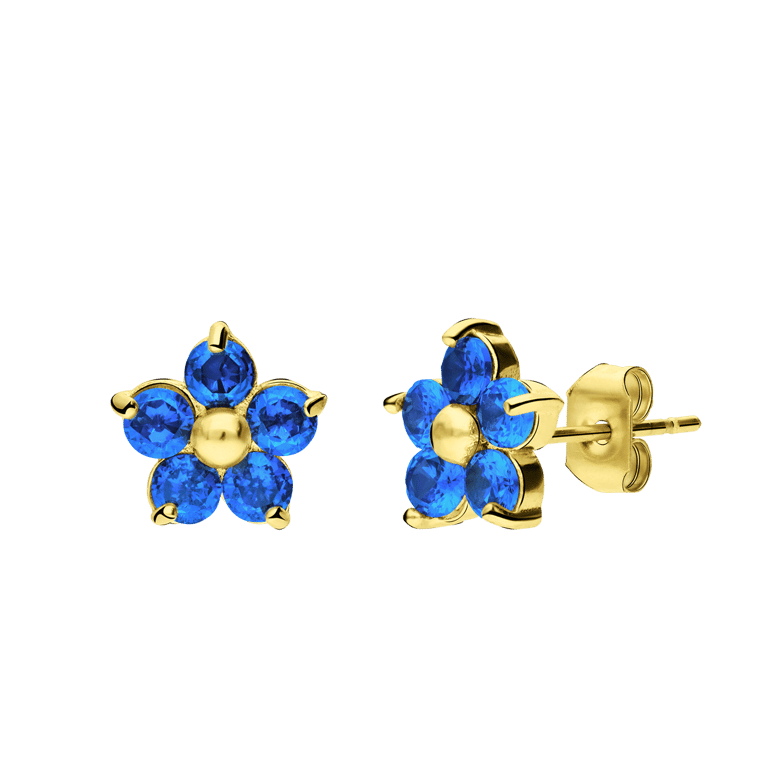 Ohrstecker aus Edelstahl, vergoldet, Blume mit Zirkonia, blauer Topas