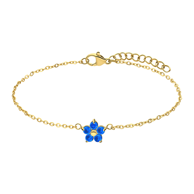 Armband aus Edelstahl, vergoldet, Blume mit Zirkonia, blauer Topas