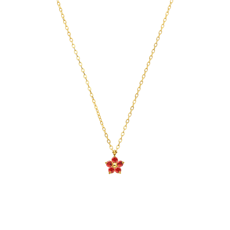 Halskette aus Edelstahl, vergoldet, Blume mit Zirkonia, Rot
