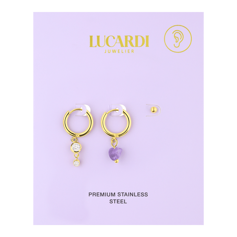 Stainless steel goldplated oorbellen set met amethyst voor dames