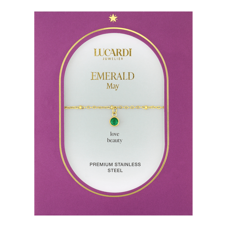 Stainless steel goldplated fantasiearmband met geboortesteen Mei voor dames