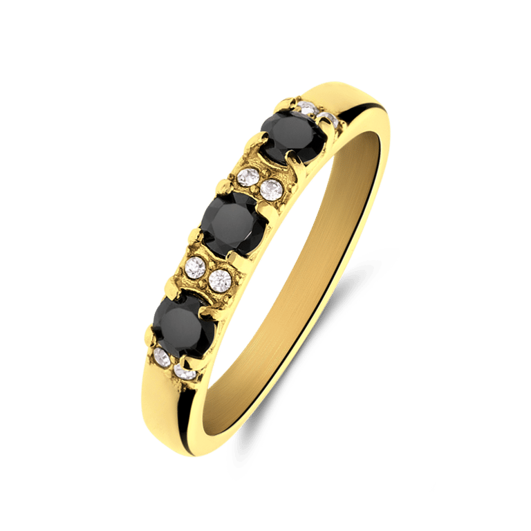 Stainless steel goldplated vintage ring 3 zwarte zirkonia