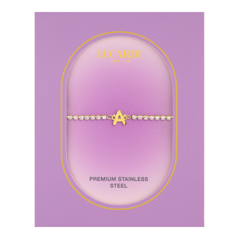 Stainless steel goldplated fantasiearmband met letterhanger A met zirkonia voor dames