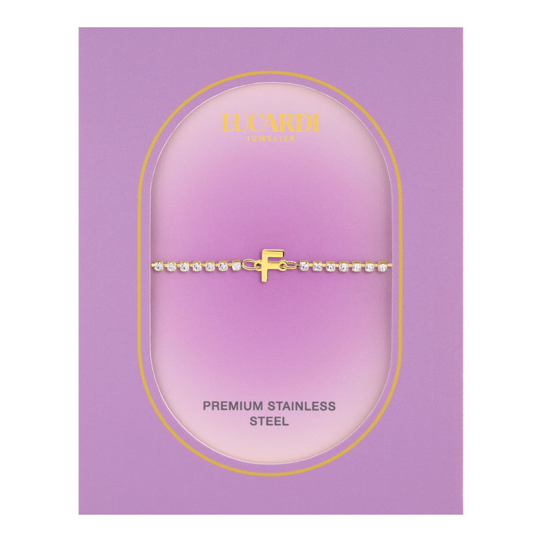 Stalen goldplated tennis armband wit cz letter - F